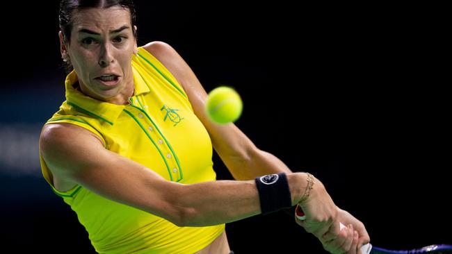 Australia's Ajla Tomljanovic returns the ball against Slovakia's Rebecca Sramkova during their quarter-finals singles tennis match between Australia and Slovakia at the Billie Jean King Cup Finals at the Palacio de Deportes Jose Maria Martin Carpena in Malaga, southern Spain, on November 17, 2024. (Photo by JORGE GUERRERO / AFP)