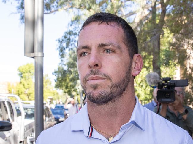 27-02-2024 - Former NT police officer Zachary Rolfe leaves Alice Springs court after day two of him giving evidence at the inquest into the death of Kumanjayi Walker. Picture: Liam Mendes / The Australian