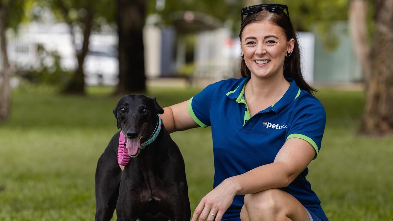 Petstock Darwin's second-in-command Dana Melody and her adopted greyhound Dobbie shared their journey together during National Pet Adoption Month 2025. Picture: Pema Tamang Pakhrin