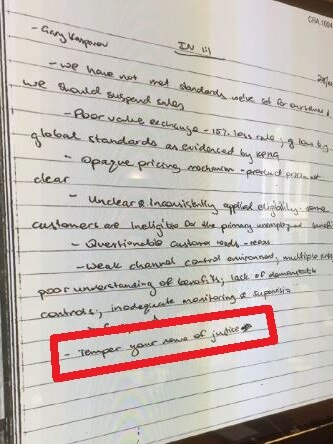 The note from CBA boss Matt Comyn containing the alleged comments from former top boss Ian Narev. Picture: Sarah Danckert/Twitter.