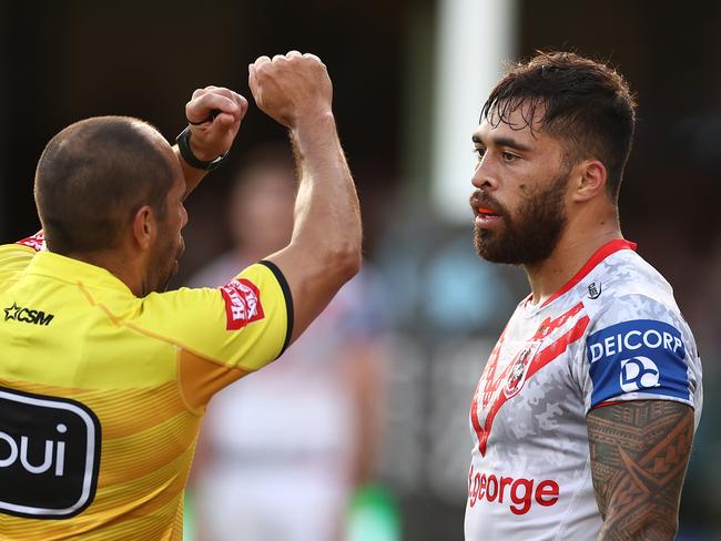 SYDNEY, AUSTRALIA - APRIL 25: Jordan Pereira of the Dragons is placed on report and sent to the sin-bin after a high tackle on James Tedesco of the Roosters during the round seven NRL match between the Sydney Roosters and the St George Illawarra Dragons at the Sydney Cricket Ground, on April 25, 2021, in Sydney, Australia. (Photo by Cameron Spencer/Getty Images)