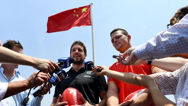 Port Adelaide Power captain Travis Boak (left) and Gold Coast Suns captain Steve May (right) speak to the media during a press conference at Bar Rouge in Shanghai, China, Thursday, May 11, 2017. (AAP Image/Tracey Nearmy) NO ARCHIVING