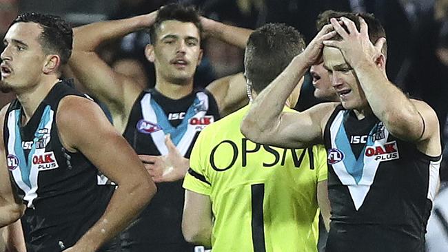 Robbie Gray reacts to the free kick being given away to Luke Shuey after Jared Polec tackled him too high. Picture: Sarah Reed