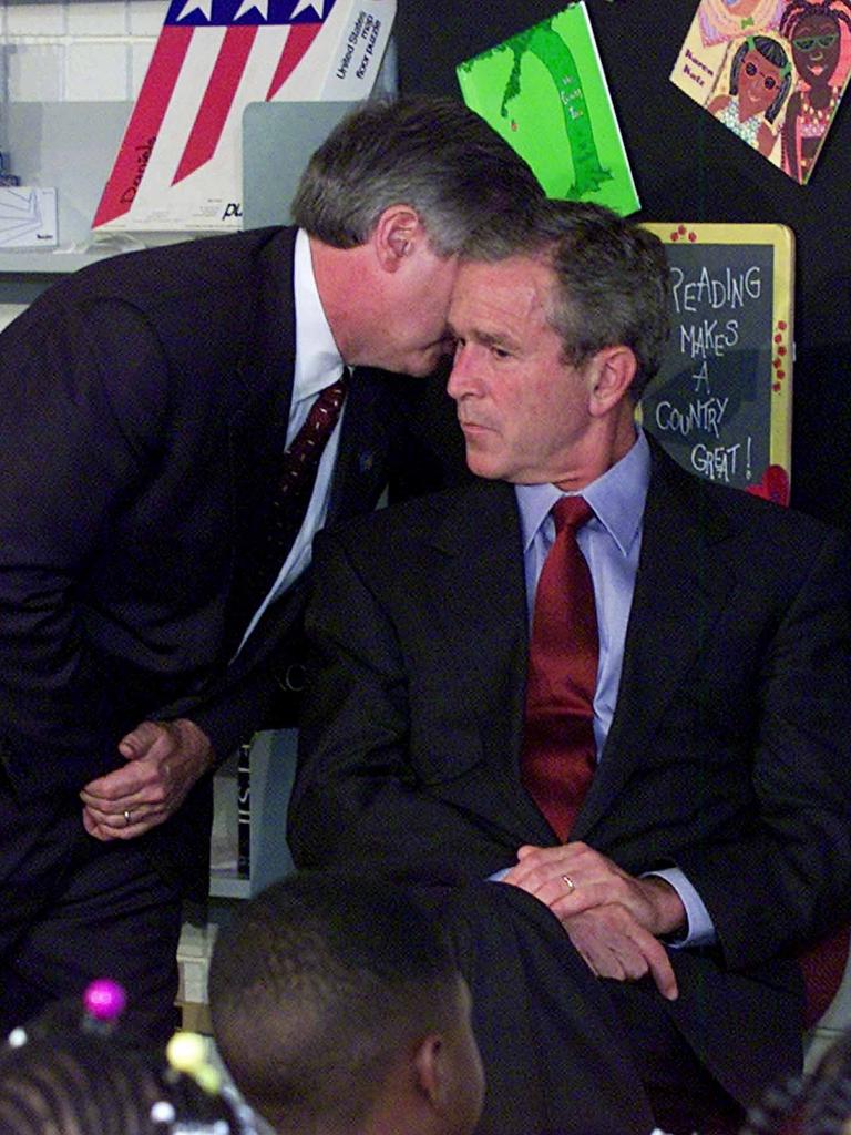 Then US President George W. Bush was visiting a primary school on Tuesday 11 September, 2001, when Chief of Staff Andy Card brought word of the planes crashing into the World Trade Center on what became known as the 9/11 terrorist attack. Picture: AP Photo/Doug Mills