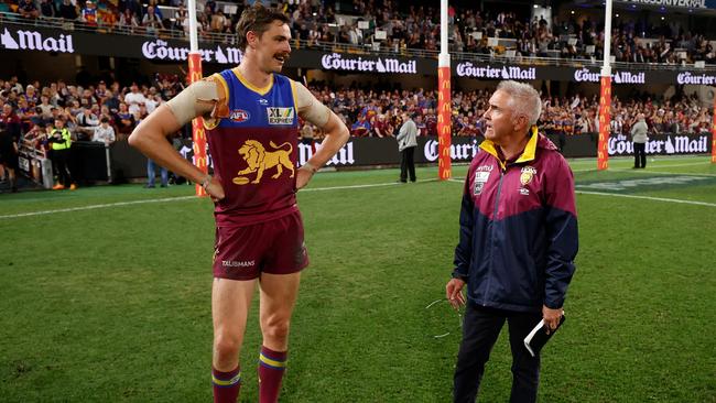 Joe Daniher and Chris Fagan after Brisbane’s win over Richmond. Picture: Getty Images