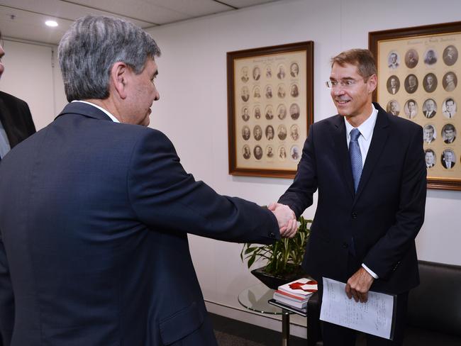 Nyrstar CEO Mr Hilmar Rode meets Treasurer Rob Lucas at the State Administration Centre. Picture: AAP/Mark Brake