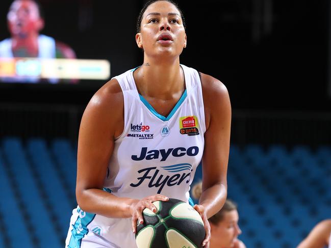 CAIRNS, AUSTRALIA - NOVEMBER 29: Liz Cambage of the Flyers shoots during the round three WNBL match between the Adelaide Lightning and the Southside Flyers at Cairns Pop Up Arena, on November 29, 2020, in Cairns, Australia. (Photo by Chris Hyde/Getty Images)