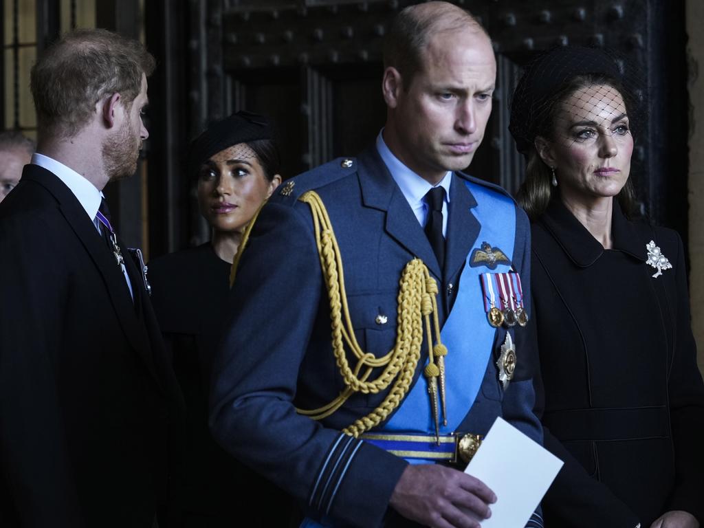 Prince William, Prince of Wales, Kate, Princess of Wales, Prince Harry, Duke of Sussex, and Meghan, Duchess of Sussex leave after escorting the coffin of Queen Elizabeth II to Westminster Hall. Picture: Getty Images.