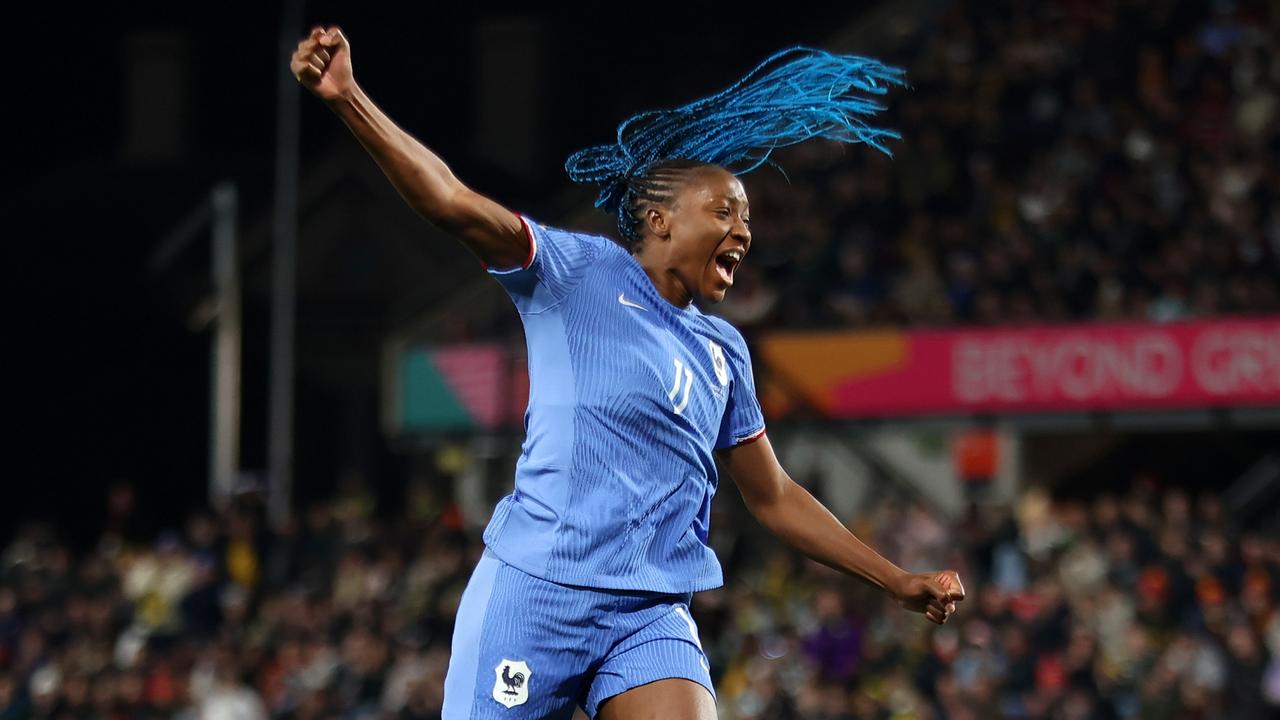 ADELAIDE, AUSTRALIA - AUGUST 08: Kadidiatou Diani of France celebrates after scoring her team's first goal during the FIFA Women's World Cup Australia &amp; New Zealand 2023 Round of 16 match between France and Morocco at Hindmarsh Stadium on August 08, 2023 in Adelaide / Tarntanya, Australia. (Photo by Cameron Spencer/Getty Images )