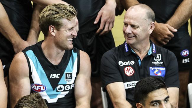 Port Adelaide captain Tom Jonas with coach Ken Hinkley. Picture : Sarah Reed