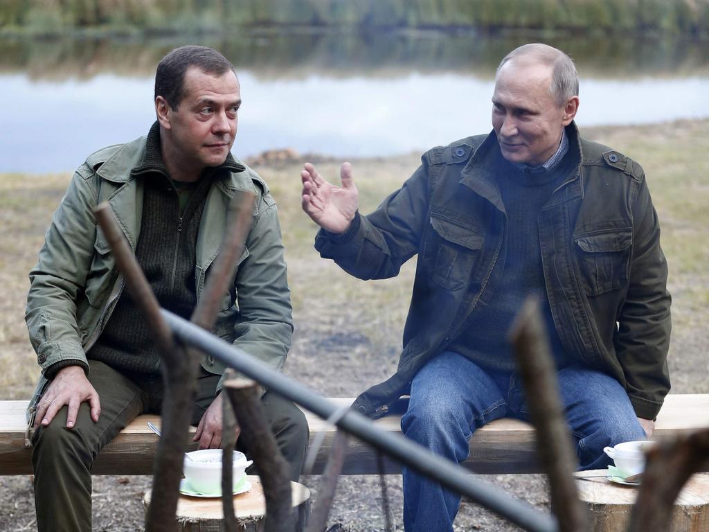 Dmitry Medvedev and Vladimir Putin pictured in early 2020. Picture: STR/Sputnik/AFP