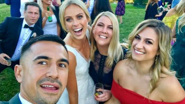 Groomsman Karl Stefanovic photobombs a wedding selfie taken by Sunrise reporter Shaun White. Picture: Shaun White/Instagram