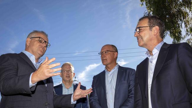 Prime Minister Scott Morrison, from left, MP Paul Fletcher,MP Corey Wingard and Premier Steven Marshall launch the development of the South Road tunnels and part of the The North-South Corridor Project. Picture Emma Brasier