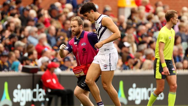 The Dockers held on to win despite Adam Cerra going down early with injury. Picture: James Elsby/AFL Photos via Getty Images