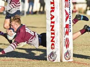 TRY TIME: Toowoomba Bears Declan Wheeler scores a try in his side's 24-21 Risdon Cup win over Toowoomba Rangers. Picture: Nev Madsen