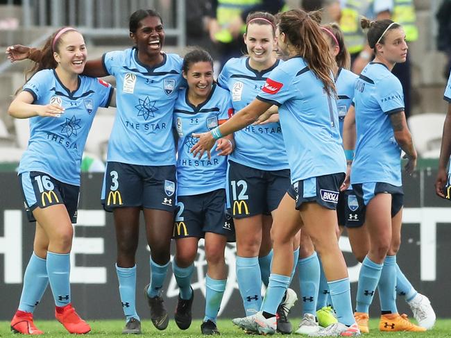 Borroloola product and Sydney FC Shadeene Evans celebrates a goal against Melbourne Victory at Netstrata Jubilee Stadium on November 17 last year. Picture: Matt King/Getty Images