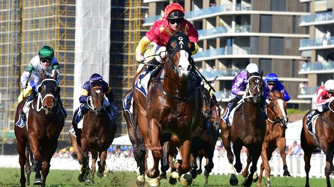 Bases Loaded wins the Gunsynd Classic at Eagle Farm for jockey Tim Clark and trainers Gai Waterhouse and Adrian Bott. Picture: Grant Peters, Trackside Photography.