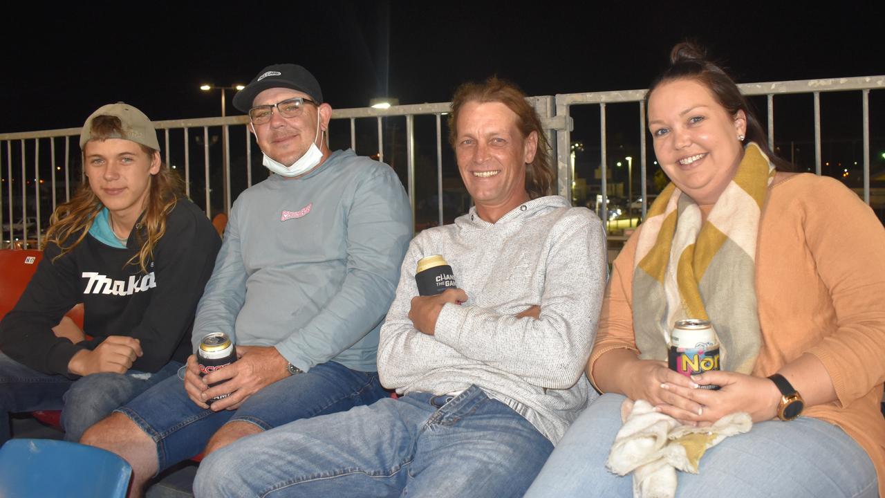 Damon Bust (from left), Chris MacGregor, Anthony Bust and Lucy Morris at the Manly Sea Eagles v Sydney Roosters NRL semi final match at BB Print Stadium, Mackay, September 17, 2021. Picture: Matthew Forrest