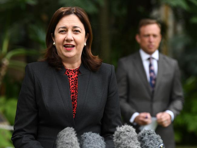 Premier Annastacia Palaszczuk flanked by her new deputy Steven Miles yesterday. Picture: Dan Peled/AAP