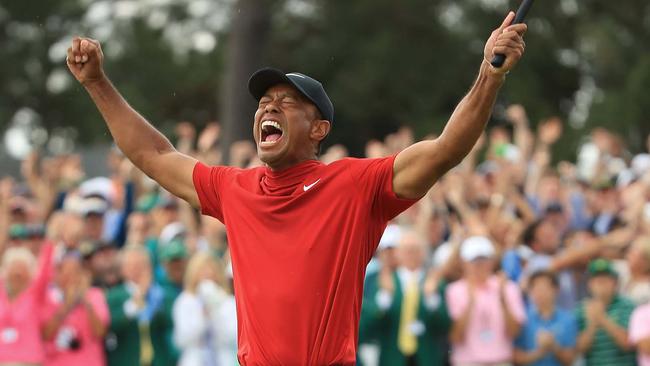 A euphoric Tiger Woods after securing the US Masters. Picture: Getty Images