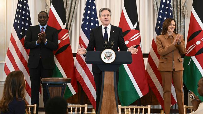 US Secretary of State Antony Blinken (C) speaks as US Vice President Kamala Harris and Kenyan President William Ruto. Picture: Brendan Smialowski/AFP