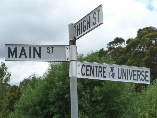 The road signs pointing to the Radio Springs Hotel, Lyonville dubs it at the ‘centre of the universe’. Picture: Marion Taffe