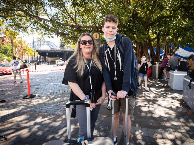 Stephanie and Finlay Park from Warriewood were among those who tested negative, but Stephanie’s father tested positive and spent four days in his cabin. He was scheduled for a later departure off the ship than them. Picture: Julian Andrews