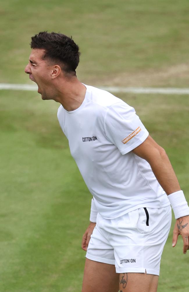 Thanasi Kokkinakis releases his emotion after match point. (Photo by Clive Brunskill/Getty Images)