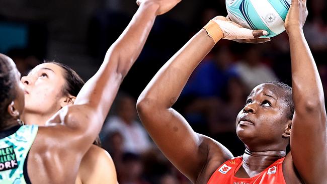 SYDNEY, AUSTRALIA - MARCH 22: Sam Wallace-Joseph of the Swifts shoots during the 2024 Suncorp Team Girls Cup match between NSW Swifts and West Coast Fever at Ken Rosewall Arena on March 22, 2024 in Sydney, Australia. (Photo by Jenny Evans/Getty Images for Netball Australia)