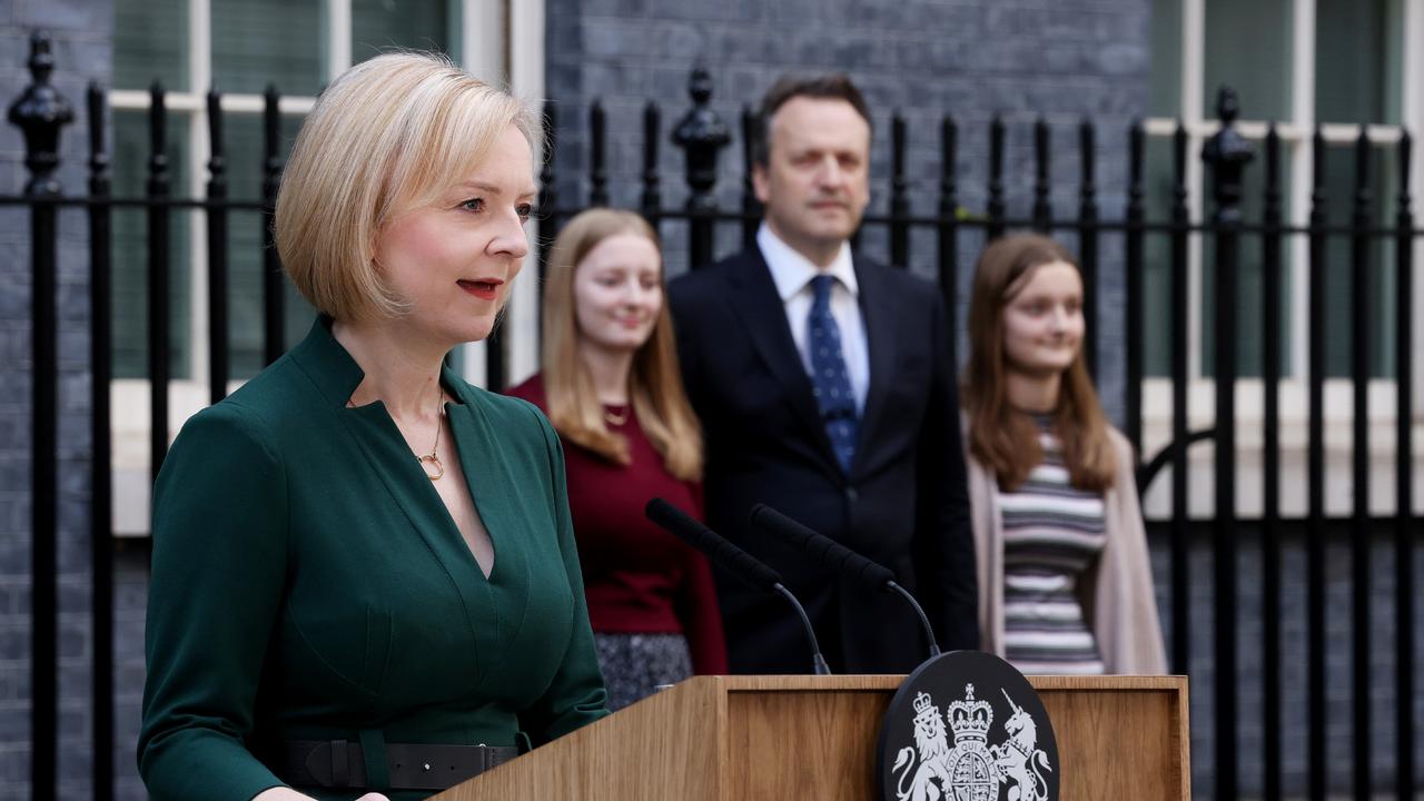 Ms Truss is watched by her family as she gives her resignation speech (Photo by Dan Kitwood/Getty Images)