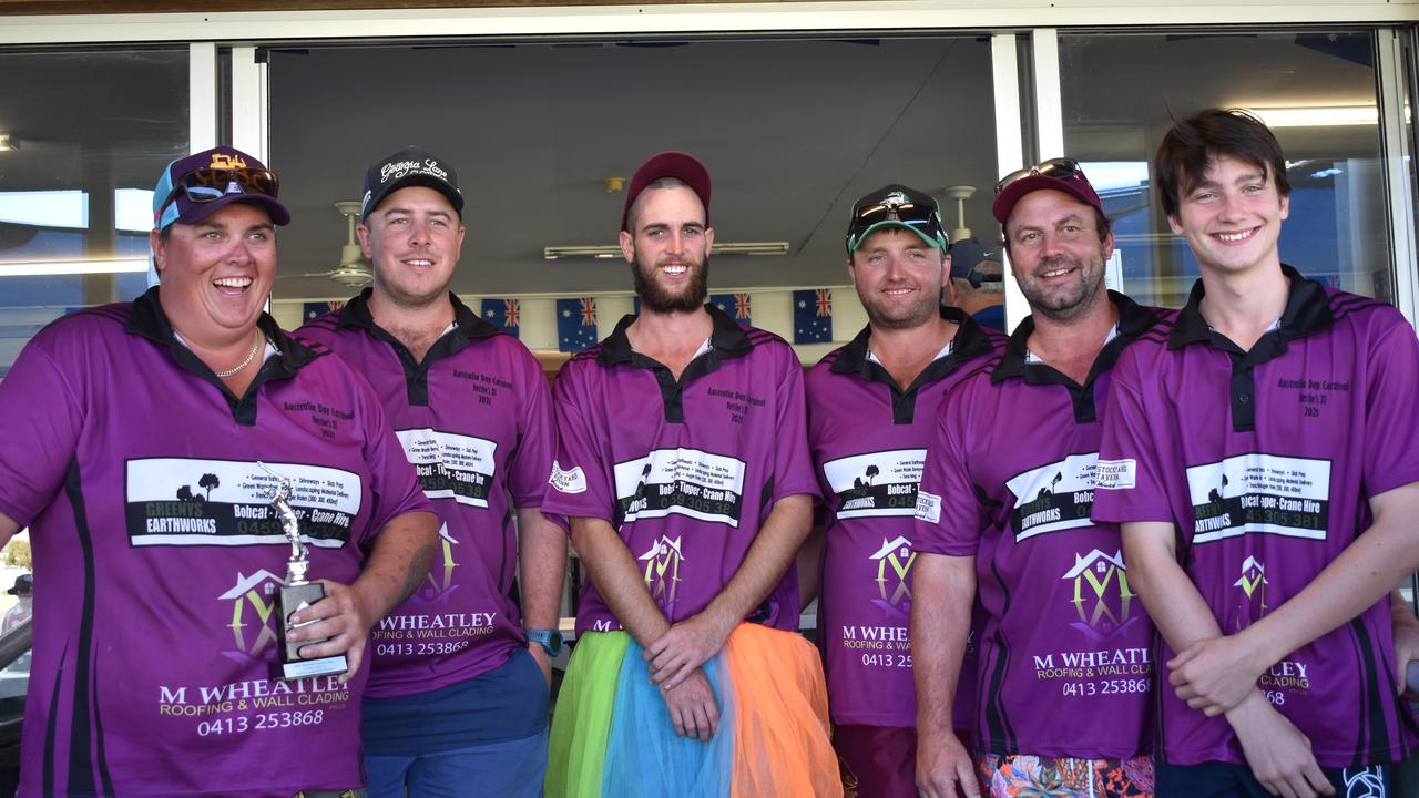 Rettke's XI team members celebrating their win in the social division of the Warwick Australia Day Cricket Carnival 2021.