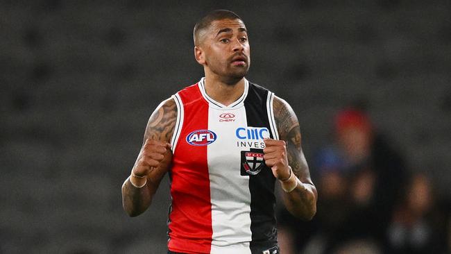 MELBOURNE, AUSTRALIA - JULY 20: Bradley Hill of the Saints celebrates victory on the final siren during the round 19 AFL match between St Kilda Saints and West Coast Eagles at Marvel Stadium, on July 20, 2024, in Melbourne, Australia. (Photo by Morgan Hancock/Getty Images)