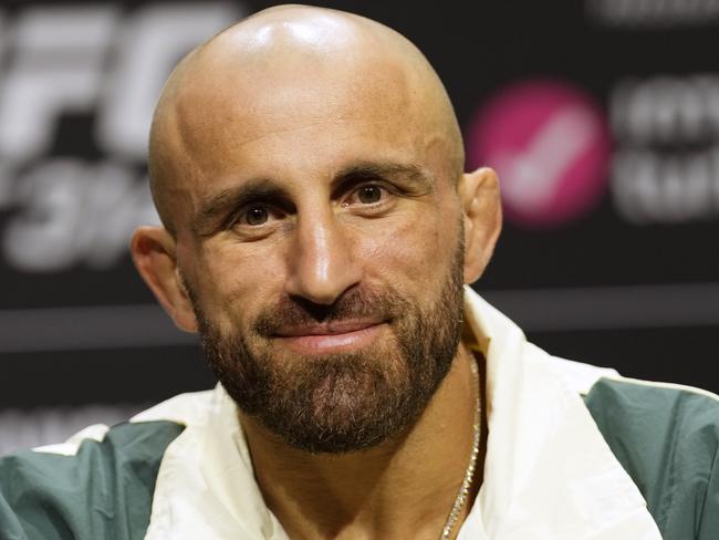 MIAMI, FLORIDA - APRIL 10: Alexander Volkanovski of Australia reacts on stage during the UFC 314 press conference at Kaseya Center on April 10, 2025 in Miami, Florida. (Photo by Mike Roach/Zuffa LLC)
