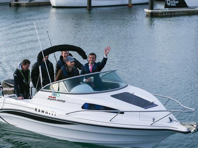 ACT Party Leader David Seymour arrives by boat to celebrate with his party in Auckland. Picture: Getty Images.