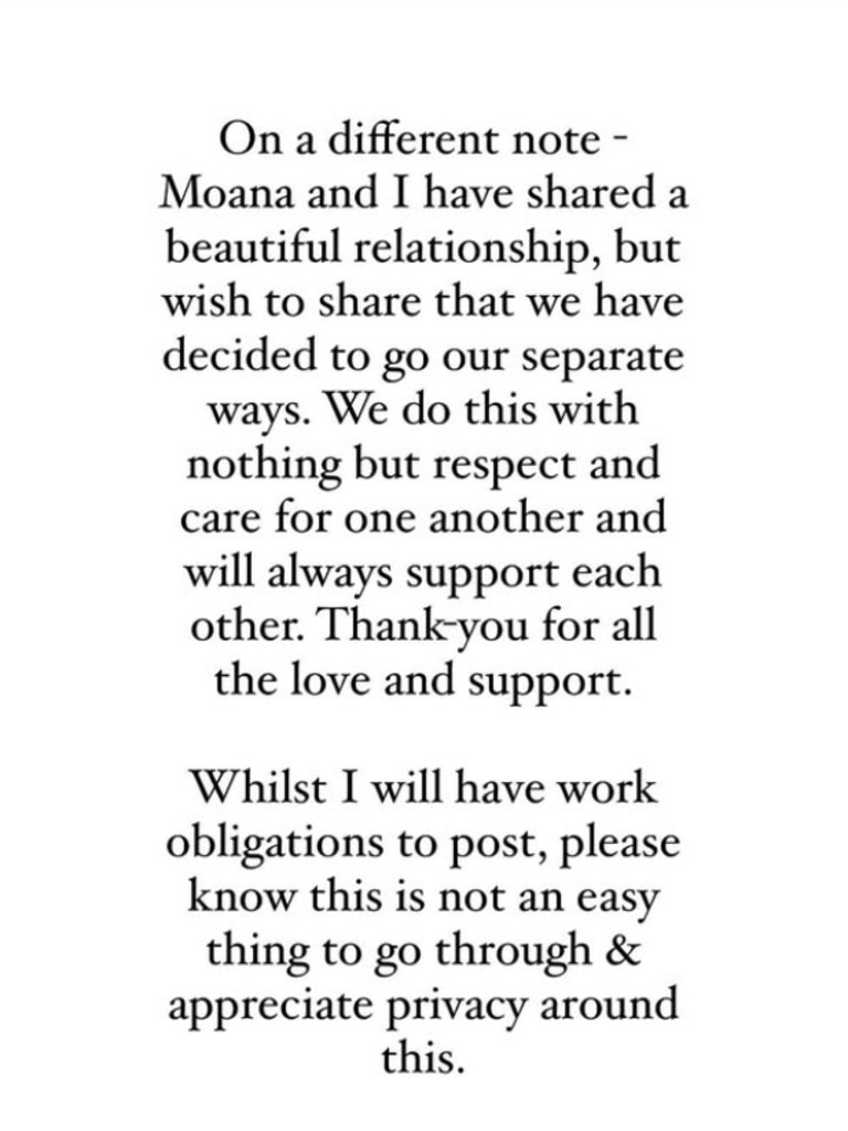 Maria Thattil confirms she and Moana Hope have split in a statement posted online on Saturday, February 22, 2025. Picture: Instagram.