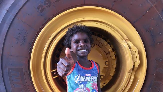 Justin Gurruwiwi gives the thumbs up to the opening of the Gulkula mine in Northeast Arnhem Land. Picture: Matt Cunningham