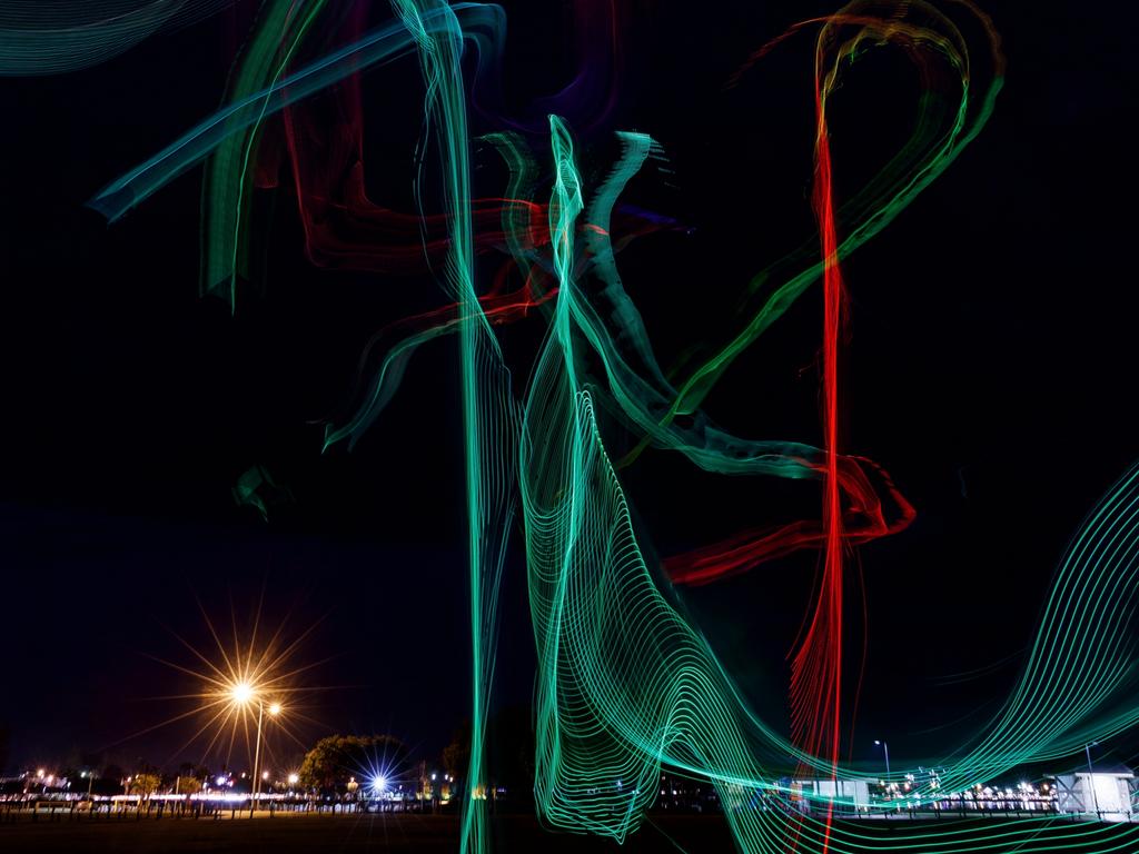 The kites in action at Clontarf’s Pelican Park at night ahead of Redcliffe KiteFest. Photo: Josh Woning.