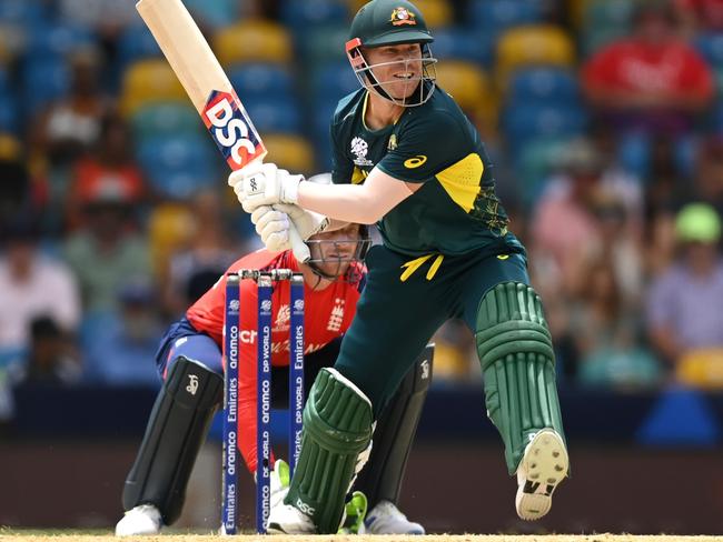 BRIDGETOWN, BARBADOS - JUNE 08: David Warner of Australia bats during the ICC Men's T20 Cricket World Cup West Indies & USA 2024 match between Australia  and England at  Kensington Oval on June 08, 2024 in Bridgetown, Barbados. (Photo by Gareth Copley/Getty Images)