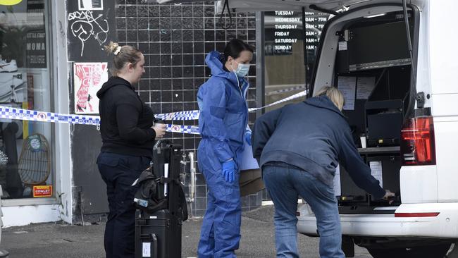 The body of a 37-year-old woman was found in the blood-soaked bathroom of a Footscray apartment building. Picture: Andrew Henshaw