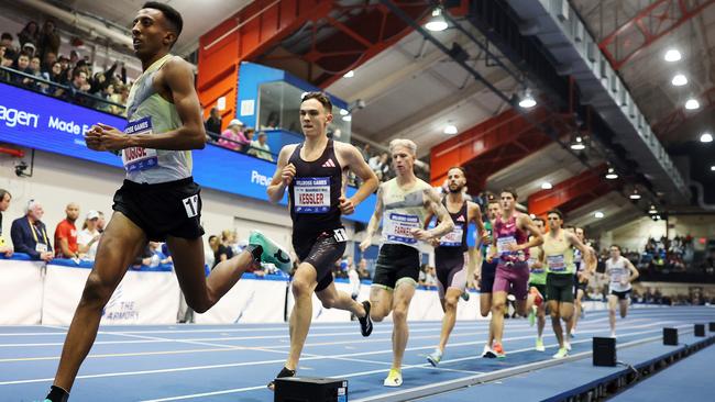 NEW YORK, NEW YORK - FEBRUARY 08: Yared Nuguse of the United States leads the pack in the Wanamaker Mile during the 117th Millrose Games at The Armory Track on February 08, 2025 in New York City. Nuguse set a new world record for the indoor mile. (Photo by Sarah Stier/Getty Images)