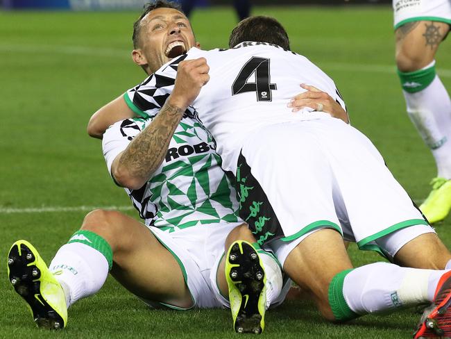 Ex Celtic striker Scott McDonald celebrates scoring Western United’s winner against Melbourne Victory. Picture: AAP Image