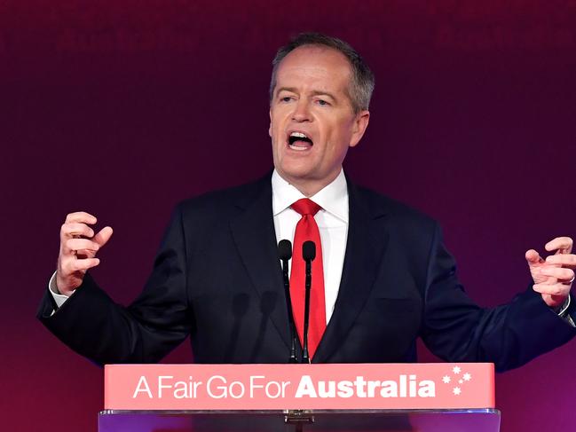 Australian Opposition Leader Bill Shorten is seen during his speech at the launch of Labor's federal election campaign at the Brisbane Convention and Exhibition Centre in Brisbane, Sunday, May 5, 2019. A Federal election will be held in Australia on Saturday, May 18, 2019 (AAP Image/Darren England) NO ARCHIVING