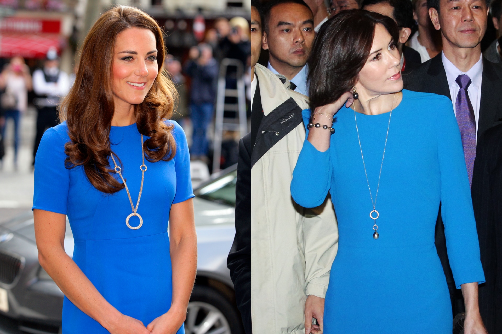 <h2><b>Princess Kate (2012) and Crown Princess Mary (2012)</b></h2><p>From the startling shade of cobalt to the presence of a silver circle pendant, there is little that separates these looks from Kate and Mary, worn in 2012, aside from the length of the sleeve.</p>