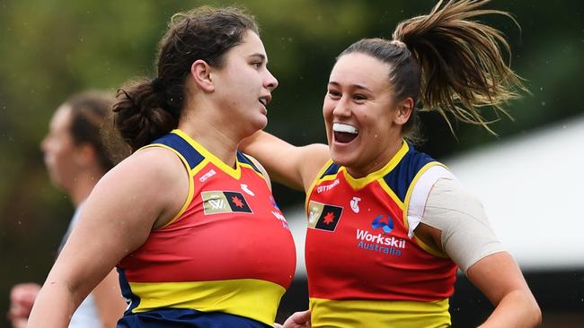 ADELAIDE, AUSTRALIA - SEPTEMBER 25: McKenzie Dowrick of the Crows celebrates a goal during the round five AFLW match between the Adelaide Crows and the Greater Western Sydney Giants at Wigan Oval on September 25, 2022 in Adelaide, Australia. (Photo by Mark Brake/Getty Images)