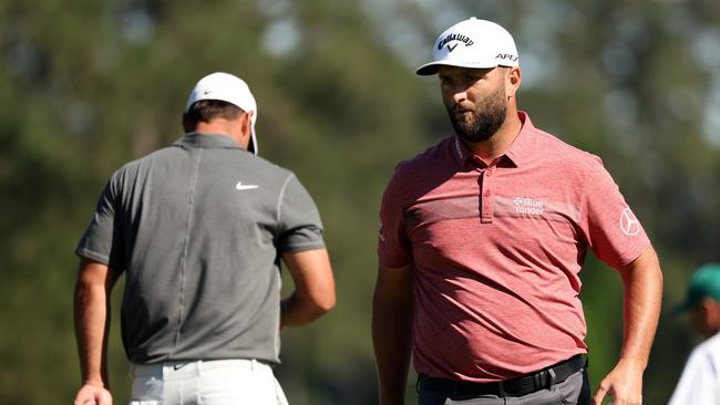 Jon Rahm (R) and Brooks Koepka are locked in a Masters showdown. Picture: Getty