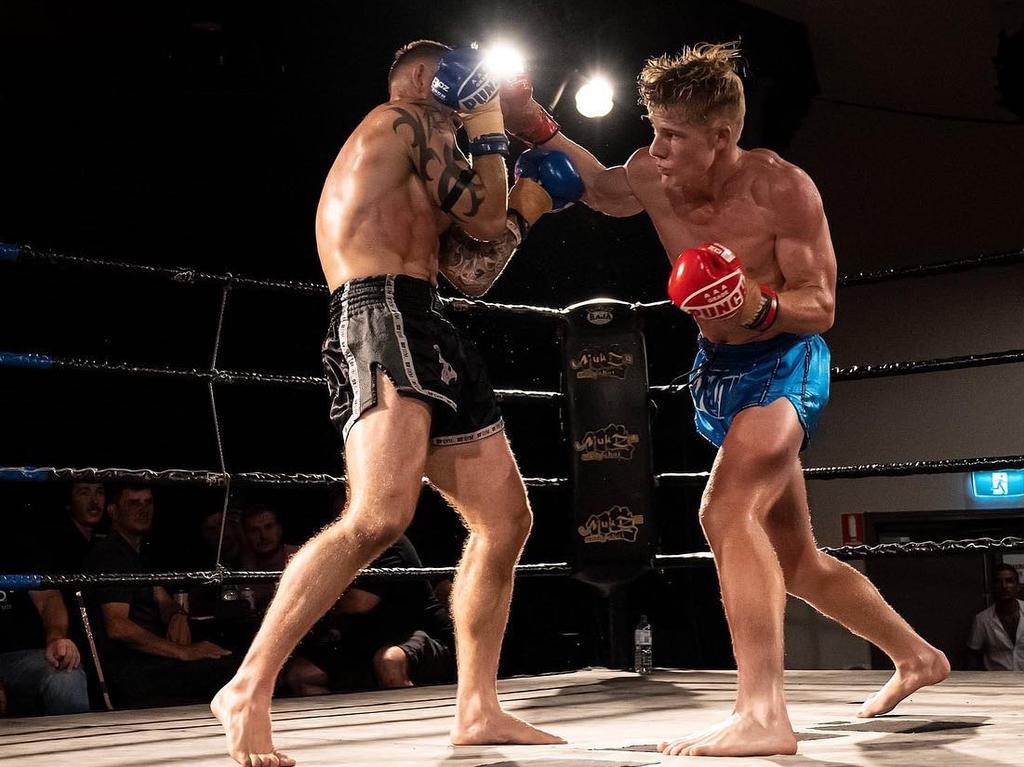 DF Gym fighter Ryan McDonald (black shorts) and Rippers Muay Thai's Oliver Hanson (Blue shorts) trade blows during the 4-Man King of the North battle. Picture: Supplied