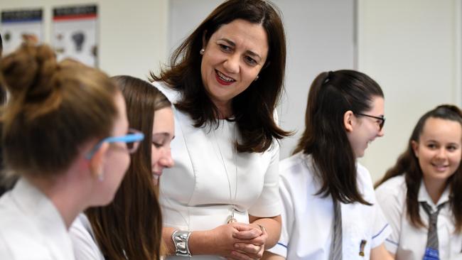 Queensland Premier Annastacia Palaszczuk visits the Bremer State High School in Ipswich, west of Brisbane, Tuesday, March 13, 2018. Ms Palaszczuk announced funding for solar panels to be installed in Queensland schools. (AAP Image/Dan Peled) NO ARCHIVING