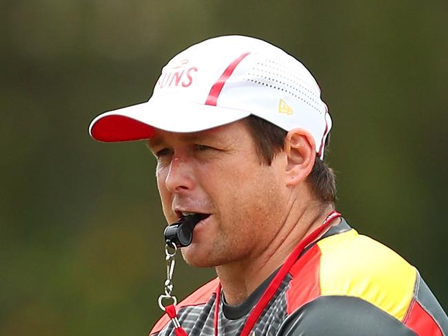 GOLD COAST, AUSTRALIA - NOVEMBER 06:  Senior coach Stuart Dew during a Gold Coast Suns AFL training session at Metricon Stadium on November 6, 2017 in Gold Coast, Australia.  (Photo by Chris Hyde/Getty Images)