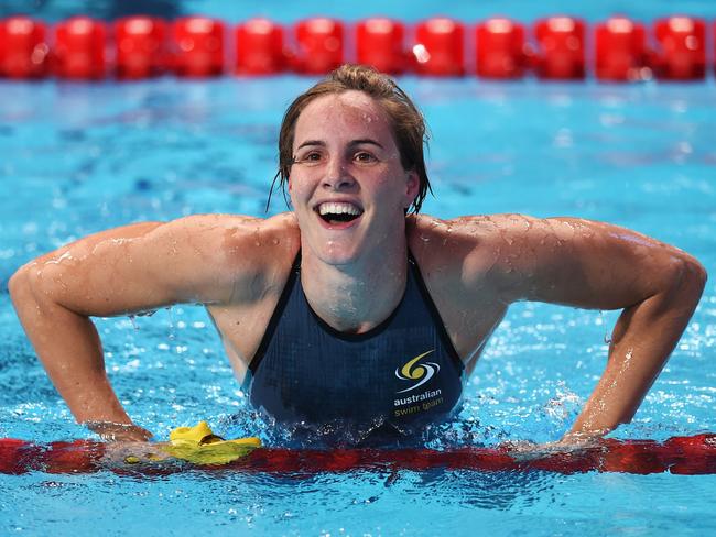 Bronte Campbell celebrates her gold medal win in the women's 100m freestyle final at the FINA World Championships. Picture: Getty