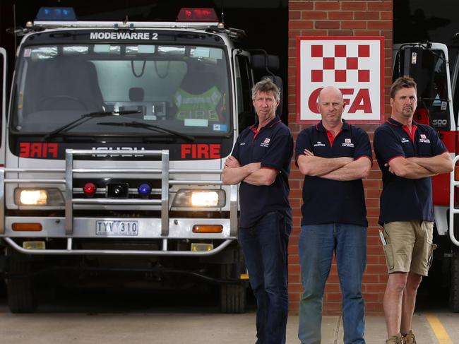 Modewarre fire brigade members Rod Batson, Captain Michael Meesen,  Ian Clarke, Lieutenant Ash McPhee and Kelvin Boddington.. Modewarre fire brigade want the government to committ to a new station. They claim the new truck - yet to arrive won't fit in the staiton.  Picture: Peter Ristevski